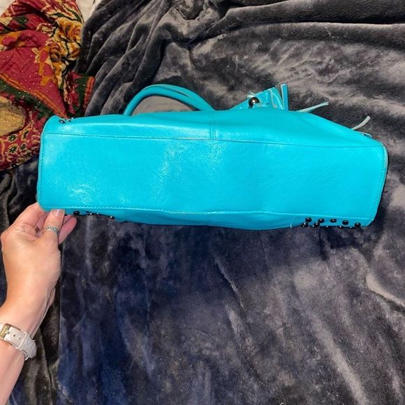 Revolution Turquoise Blue Leather Studded Shoulder Bag Top Handle Purse Tassel - Picture 5 of 13